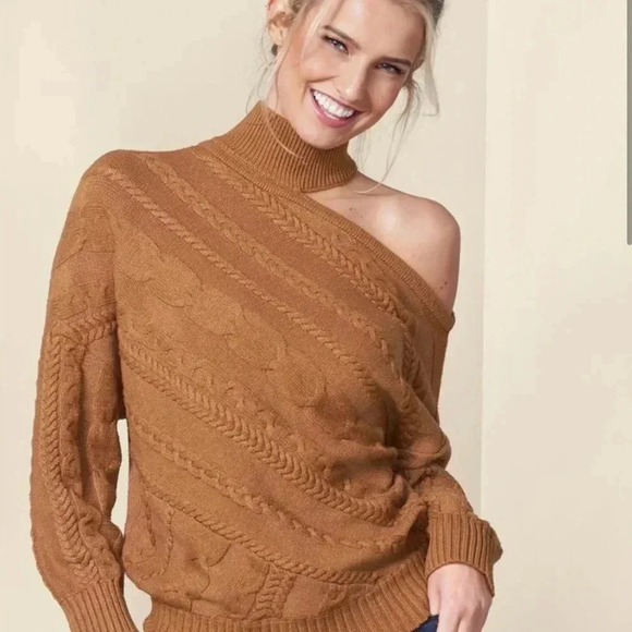 VENUS Sweaters - Venus LS Women’s Copper Brown Sweater One Shoulder Turtleneck SOFT Cable knit